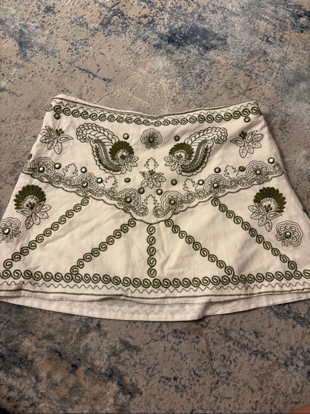 Zara Cream Mini Skirt with Olive Embroidery